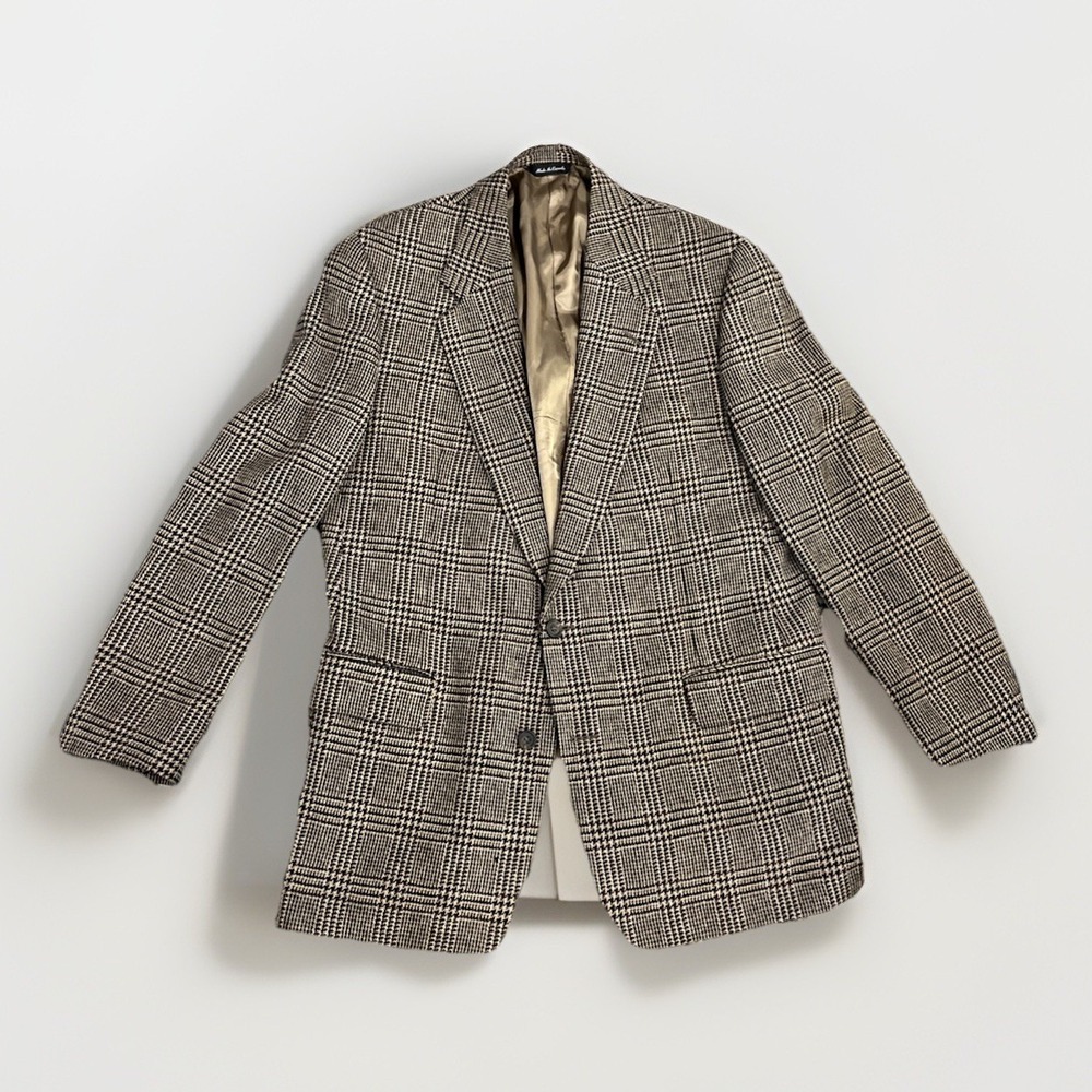 Alan‎ Flusser Glen Check Tweed Blazer Mens 44L Brown Tan Wool  Sport Coat 90s